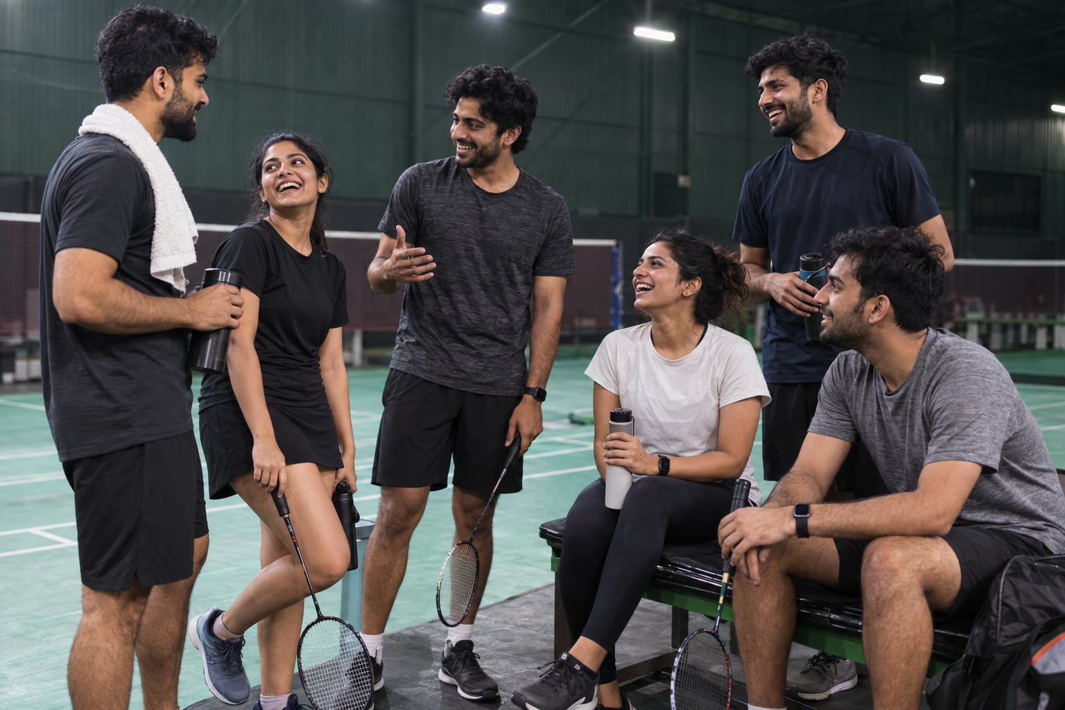 A group of builders talking together between badminton games