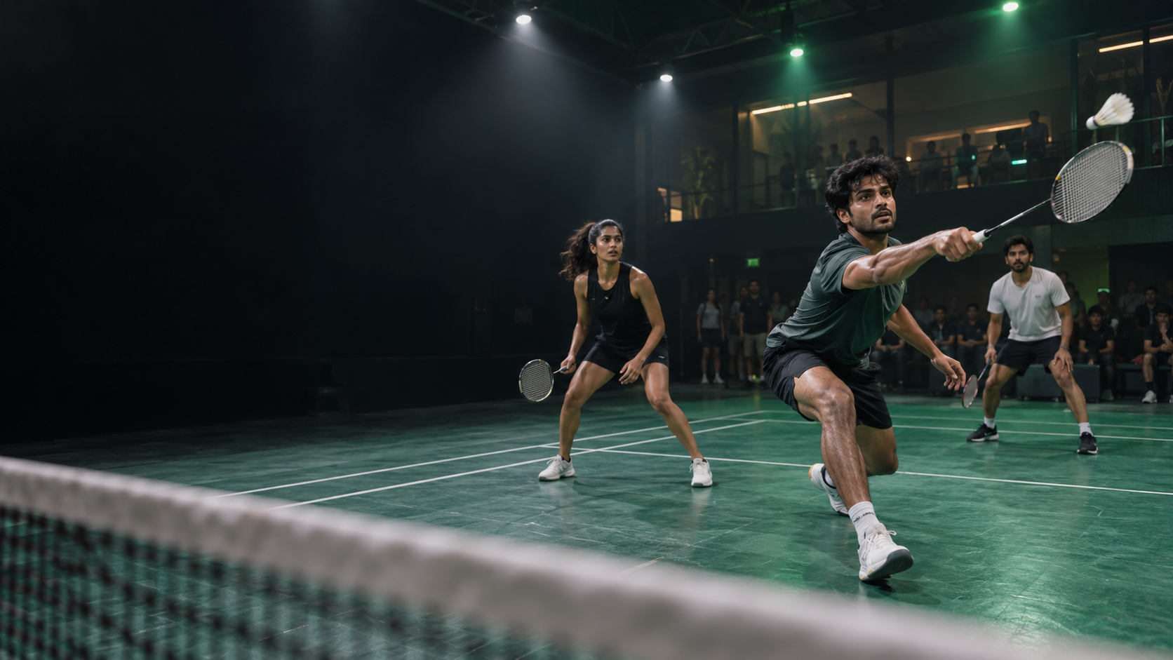 A doubles badminton game in progress on a modern indoor court